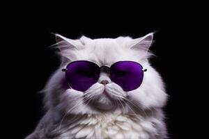 une mignonne persan chat portant violet des lunettes de soleil sur blak Contexte. génératif ai photo