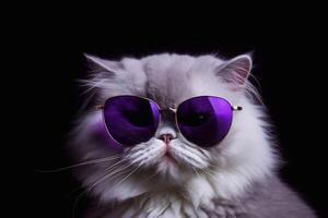 une mignonne persan chat portant violet des lunettes de soleil sur blak Contexte. génératif ai photo