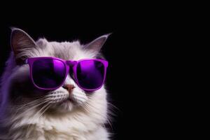 portrait de persan chat portant violet des lunettes de soleil isolé sur noir Contexte photo