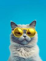 portrait de une chat portant Jaune des lunettes de soleil sur une bleu Contexte. photo