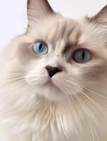 magnifique chat de ragdoll chat avec bleu yeux proche en haut. génératif ai photo