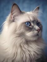 magnifique chat de ragdoll chat avec bleu yeux proche en haut. génératif ai photo