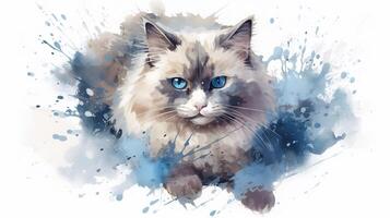 ragdoll chat sur une blanc Contexte avec bleu aquarelle éclaboussures. génératif ai photo