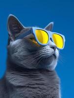 mignonne russe bleu chat portant Jaune des lunettes de soleil sur bleu Contexte. génératif ai photo