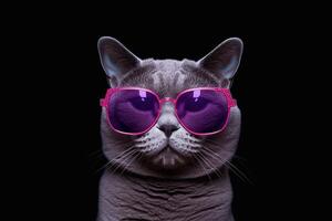 proche en haut de chat portant rose des lunettes de soleil isolé sur noir Contexte. génératif ai photo