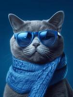 magnifique russe bleu chat portant des lunettes et écharpe sur bleu Contexte. génératif ai photo