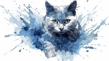 aquarelle illustration de une russe bleu chat avec éclaboussures sur une blanc Contexte. génératif ai photo