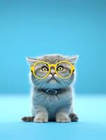 portrait de une Britanique chat avec Jaune des lunettes sur bleu Contexte. génératif ai photo