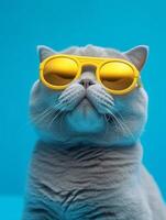 portrait de une Britanique chat avec Jaune des lunettes sur bleu Contexte. génératif ai photo