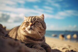 magnifique chat mensonge sur le le sable sur le Contexte de bleu ciel. génératif ai photo