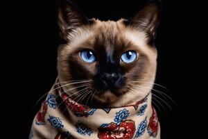 portrait de une Siamois chat avec bleu yeux dans une écharpe sur une noir Contexte. génératif ai photo