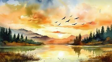 fantaisie paysage avec montagnes, Lac et des oiseaux. numérique peinture. génératif ai photo