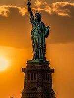 statue de liberté à le coucher du soleil dans Nouveau york ville, Etats-Unis. génératif ai photo