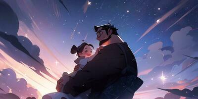 une père détient et câlins le sien peu fille à nuit dans anime style photo