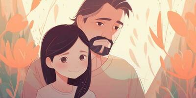 illustration de une père câlins le sien fille dans une chaud et sincère étreinte dans dessin animé style photo