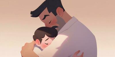 illustration de une père câlins le sien fils dans une chaud et sincère étreinte dans dessin animé style photo