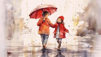 aquarelle illustration de un heureux enfants en marchant dans le pluie. aquarelle Contexte. génératif ai photo