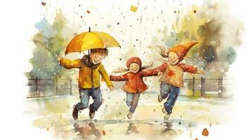 aquarelle illustration de un heureux enfants en marchant dans le pluie. aquarelle Contexte. génératif ai photo