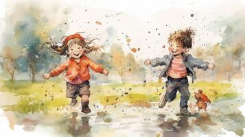 aquarelle illustration de un heureux enfants en marchant dans le pluie. aquarelle Contexte. génératif ai photo