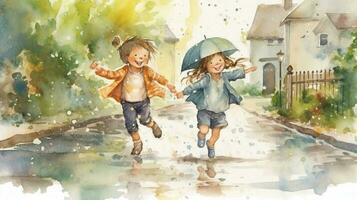 aquarelle illustration de un heureux enfants en marchant dans le pluie. aquarelle Contexte. génératif ai photo