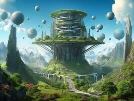 3d le rendu de une fantaisie extraterrestre planète. futuriste ville. génératif ai photo