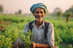 souriant agriculteur permanent dans champ , ai génératif photo