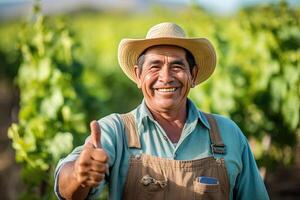 souriant agriculteur permanent dans champ montrant pouce en haut, ai génératif photo