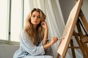 Jeune femme relaxant et La peinture une image , ai génératif photo