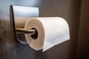 une blanc rouleau de doux toilette papier soigneusement pendaison sur une moderne chrome titulaire sur une lumière bleu salle de bains mur, ai généré photo