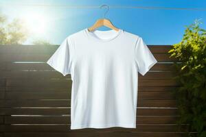 blanc T-shirt maquette sur cintre en plein air, ai génératif photo
