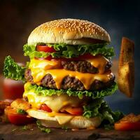 Frais savoureux Burger. gros cheeseburger avec Viande petit pâté photo