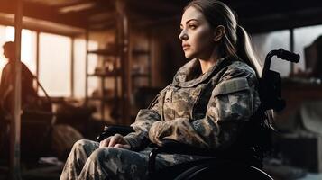 désactivée femme dans soldat uniforme séance sur fauteuil roulant dans militaire abri. génératif ai. photo