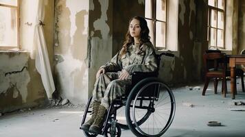 Jeune désactivée soldat femme dans une fauteuil roulant dans un abandonné chambre. génératif ai. photo