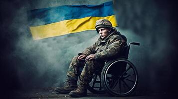 portrait de une homme dans une fauteuil roulant avec une drapeau de Ukraine. conséquences de une sans merci guerre avec Russie. génératif ai. photo
