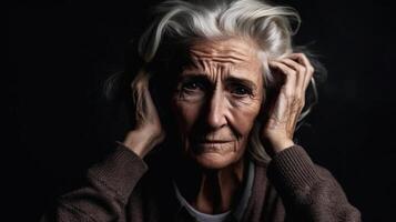 portrait de un personnes âgées femme sur une noir Contexte avec la maladie d'Alzheimer Malheureusement en regardant. génératif ai. photo