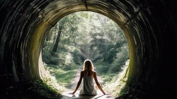 blond fille séance dans le fin de une tunnel à vert la nature vie. génératif ai. photo