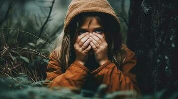 effrayé fille dans le l'automne forêt couvrant sa bouche avec sa mains. génératif ai. photo