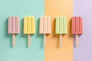 la glace crème des bâtons sur pastel couleurs arrière-plan, plat poser. génératif ai. photo