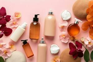 Naturel cosmétique des produits à Couleur rose Contexte. Haut vue image, plat poser. génératif ai. photo