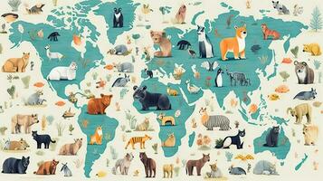 monde carte avec dessin animé animaux Contexte. génératif ai. photo