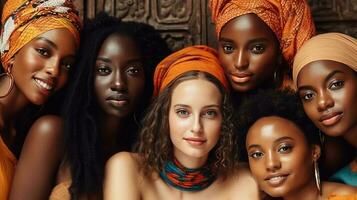 blanc femme avec groupe de africain femmes dans Orange foulard. génératif ai. photo