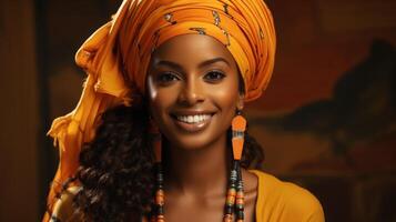 magnifique africain américain femme avec afro coiffure et Orange foulard. génératif ai. photo