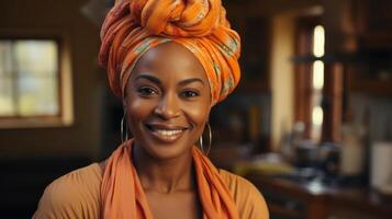 portrait de magnifique milieu adulte africain américain femme avec Orange foulard. génératif ai. photo