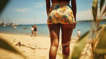 retour vue de une magnifique Jeune femme dans une floral maillot de bain sur le plage. génératif ai. photo