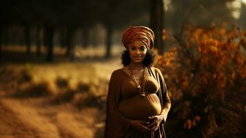 magnifique Enceinte africain américain femme avec une turban sur sa diriger. génératif ai. photo