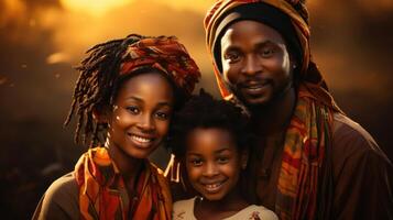 portrait de content africain américain famille avec leur fille à le coucher du soleil. génératif ai. photo