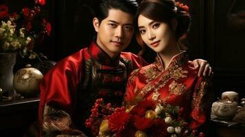 portrait de magnifique asiatique couple dans traditionnel chinois robe avec fleurs. génératif ai. photo