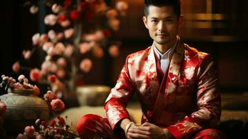 Beau asiatique jeune marié homme dans traditionnel chinois costume séance sur le sol. génératif ai. photo