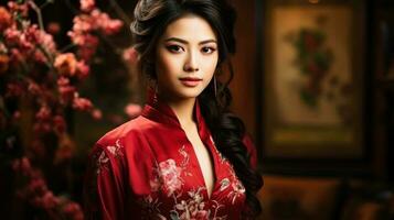 portrait de une magnifique asiatique la mariée femme dans une rouge robe. génératif ai. photo