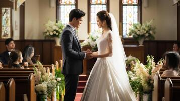 asiatique la mariée et jeune marié dans église jurer un serment à chaque autre. génératif ai. photo